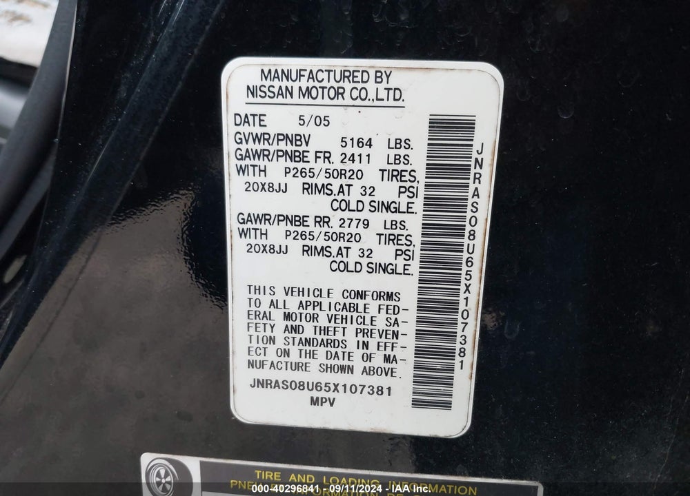 2005 INFINITI FX35 VIN: JNRAS08U65X107381
