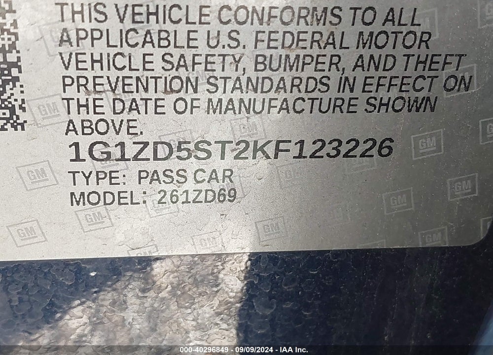 2019 CHEVROLET MALIBU LT VIN: 1G1ZD5ST2KF123226