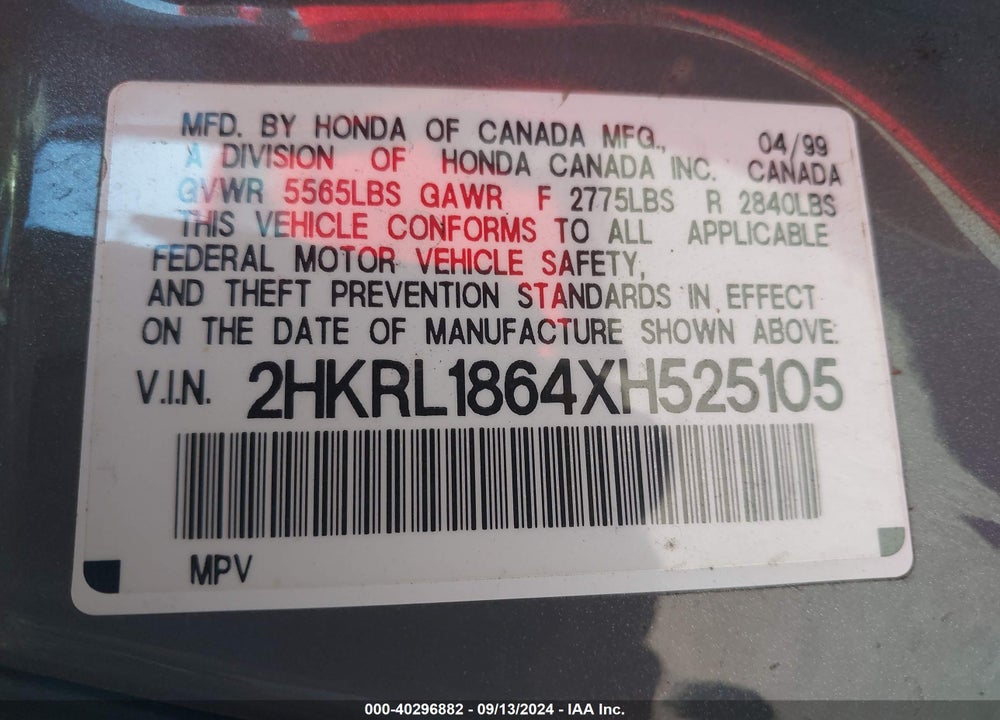 1999 HONDA ODYSSEY EX VIN: 2HKRL1864XH525105