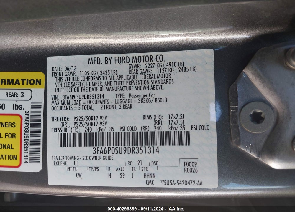 2013 FORD FUSION ENERGI TITANIUM VIN: 3FA6P0SU9DR351314
