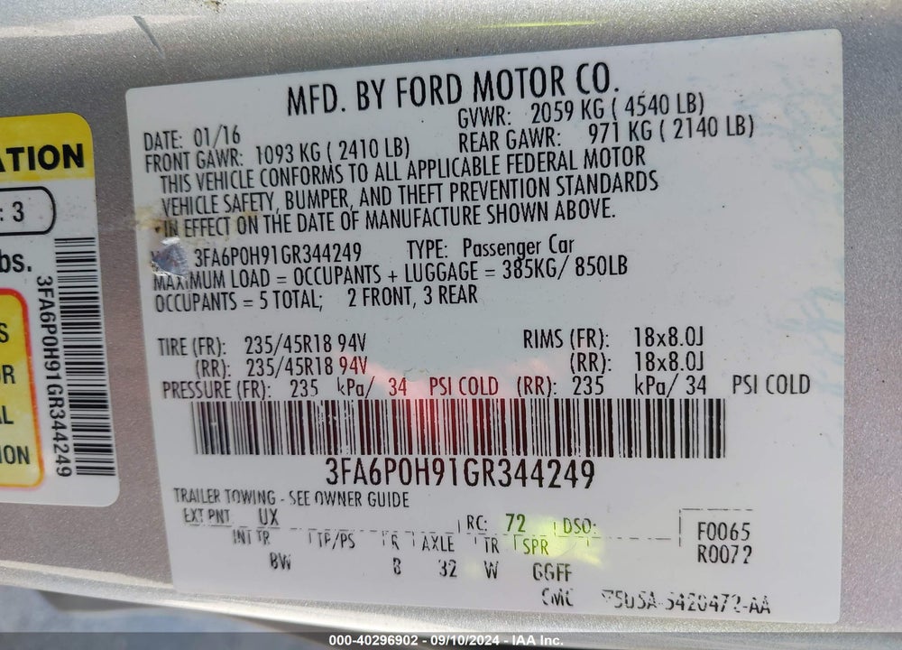 2016 FORD FUSION VIN: 3FA6P0H91GR344249
