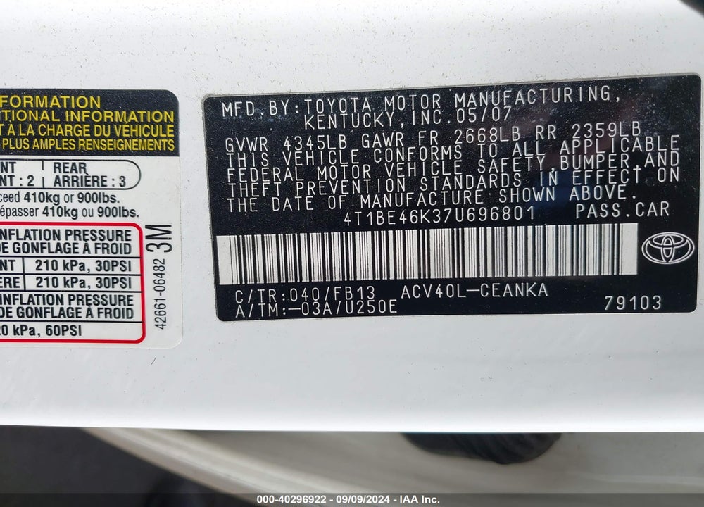 2007 TOYOTA CAMRY LE VIN: 4T1BE46K37U696801