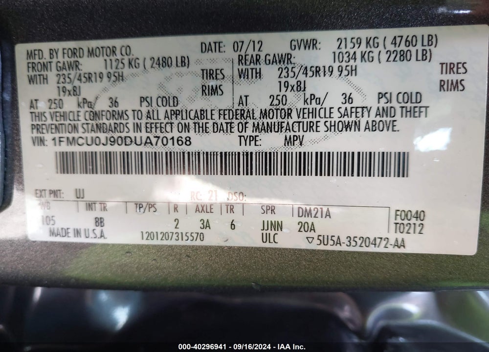 2013 FORD ESCAPE TITANIUM VIN: 1FMCU0J90DUA70168