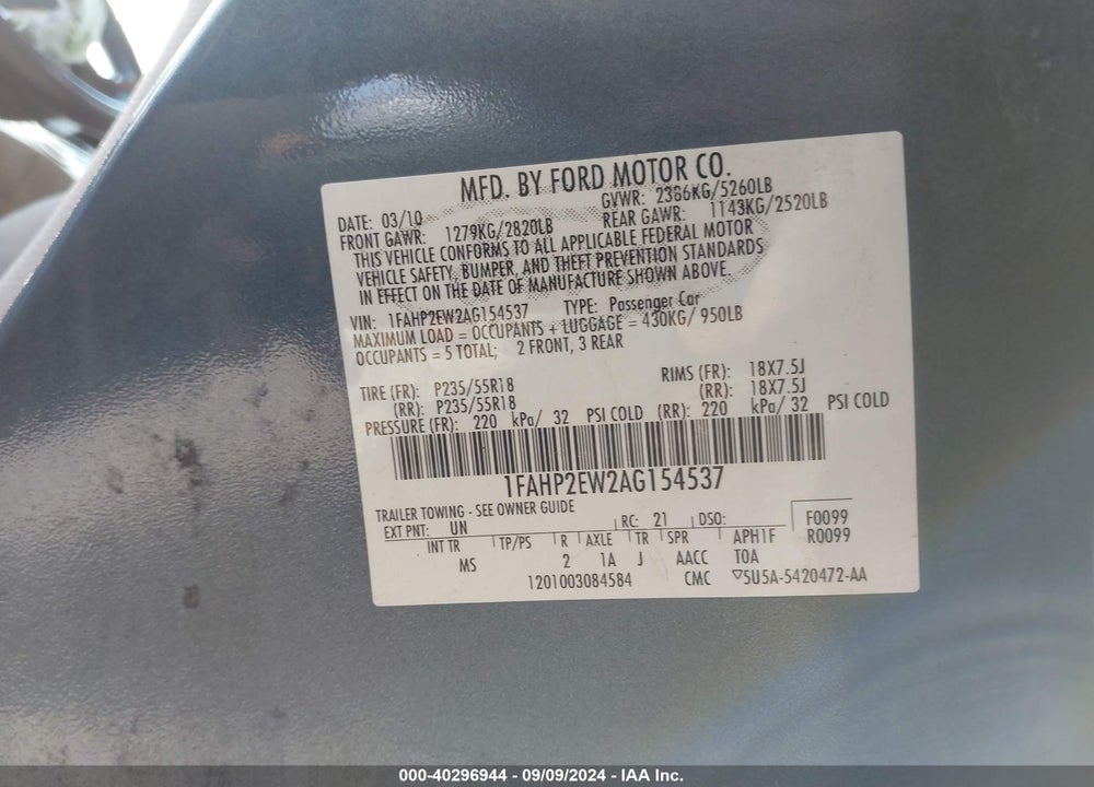 2010 FORD TAURUS SEL VIN: 1FAHP2EW2AG154537