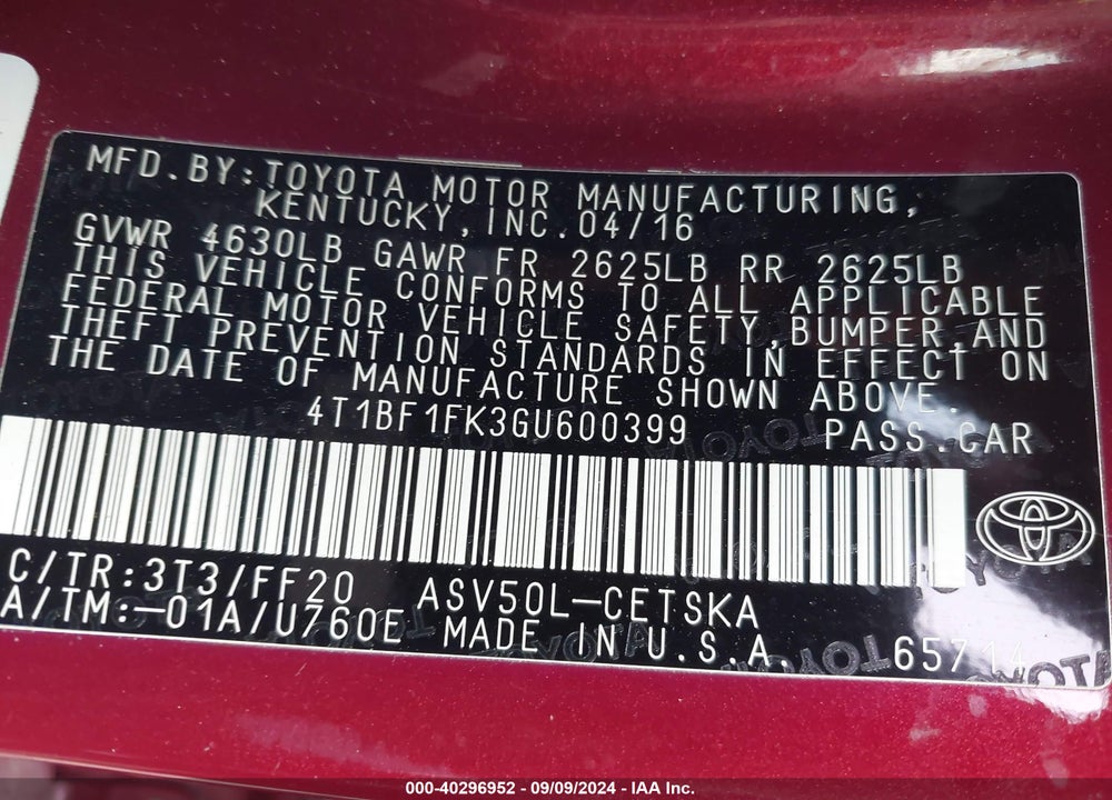 2016 TOYOTA CAMRY SE VIN: 4T1BF1FK3GU600399