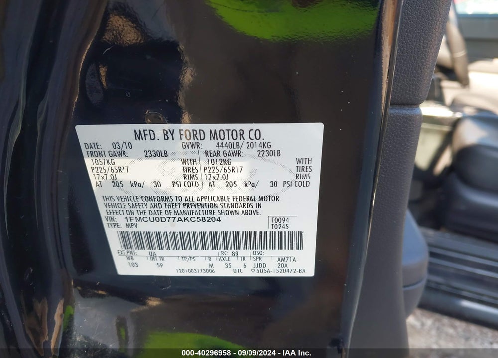 2010 FORD ESCAPE XLT VIN: 1FMCU0D77AKC58204