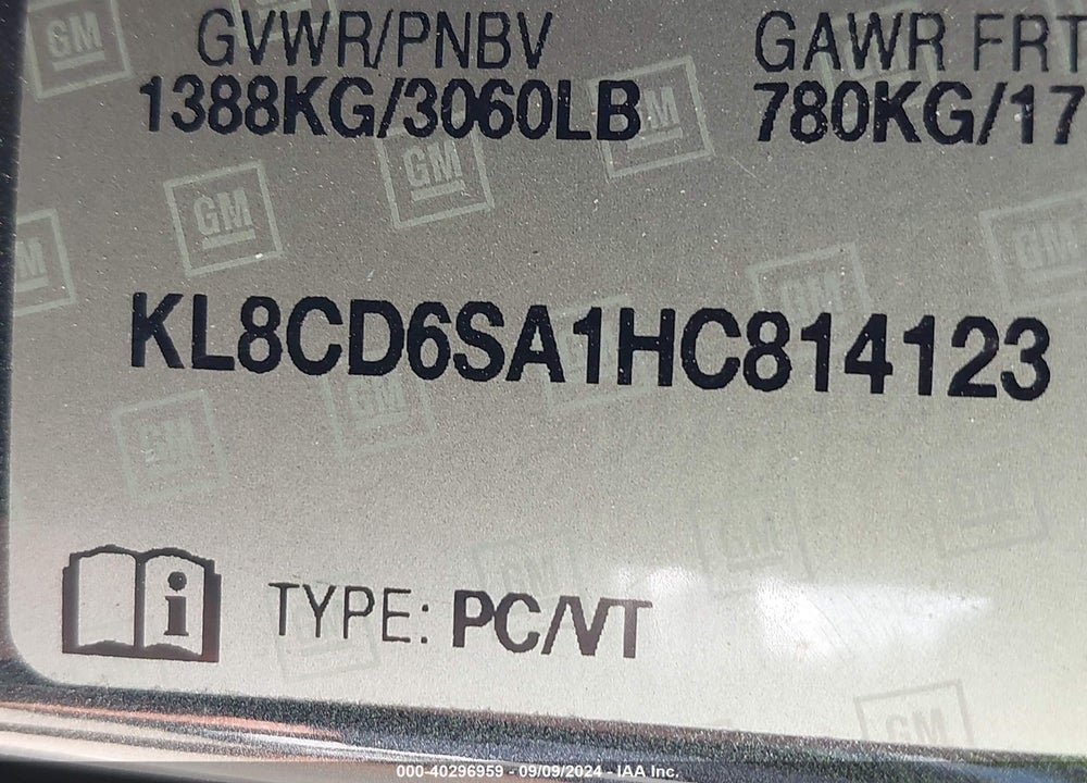 2017 CHEVROLET SPARK 1LT CVT VIN: KL8CD6SA1HC814123