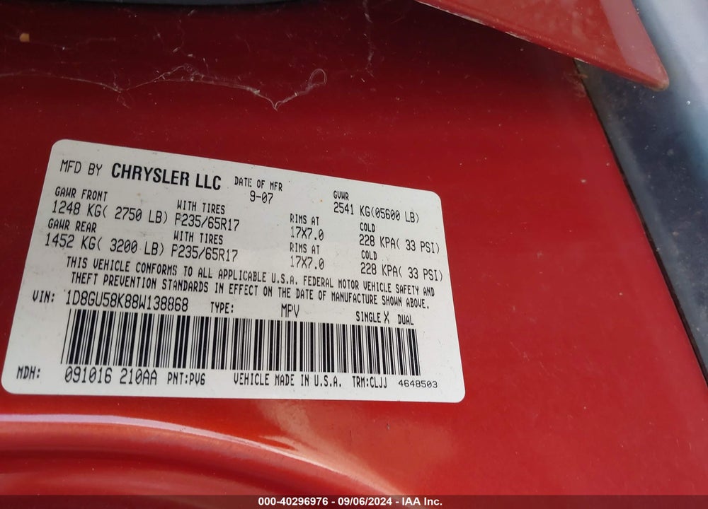 2008 DODGE NITRO SLT/RT VIN: 1D8GU58K88W138868