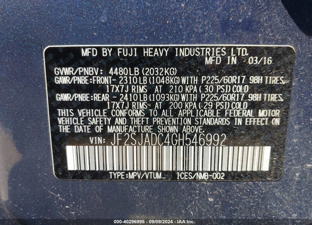 2016 SUBARU FORESTER 2.5I PREMIUM VIN: JF2SJADC4GH546992