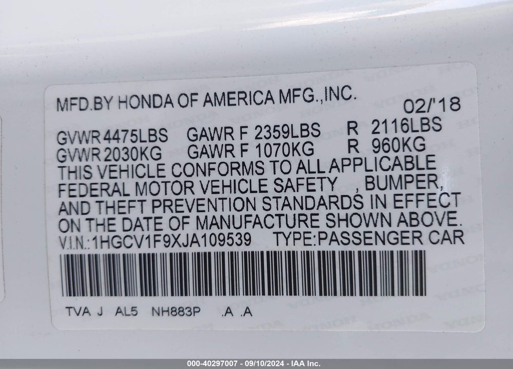2018 HONDA ACCORD TOURING VIN: 1HGCV1F9XJA109539