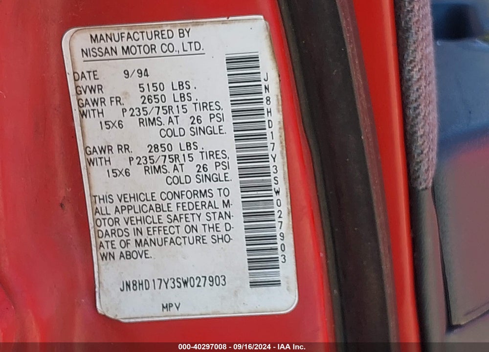 1995 NISSAN PATHFINDER LE/SE/XE VIN: JN8HD17Y3SW027903
