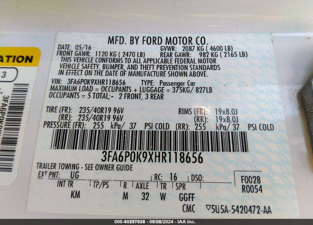 2017 FORD FUSION TITANIUM VIN: 3FA6P0K9XHR118656