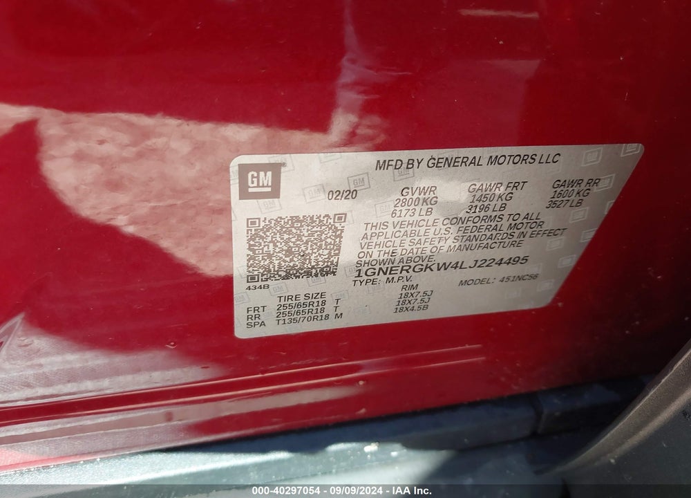 2020 CHEVROLET TRAVERSE FWD LT CLOTH VIN: 1GNERGKW4LJ224495