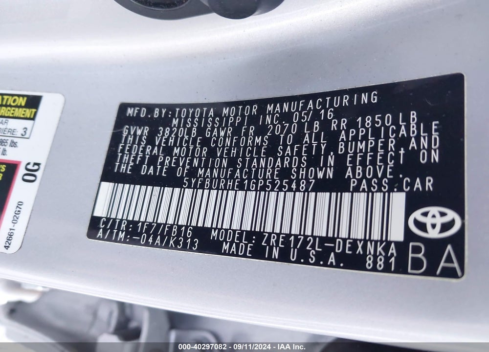 2016 TOYOTA COROLLA LE VIN: 5YFBURHE1GP525487