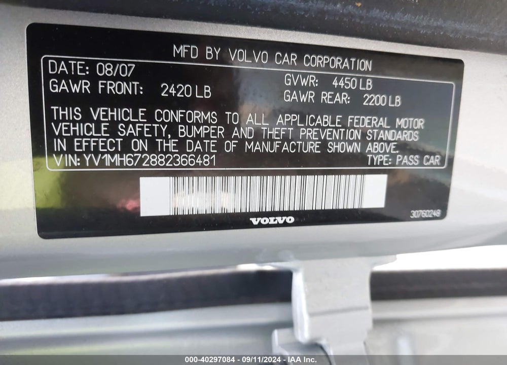 2008 VOLVO S40 T5 VIN: YV1MH672882366481