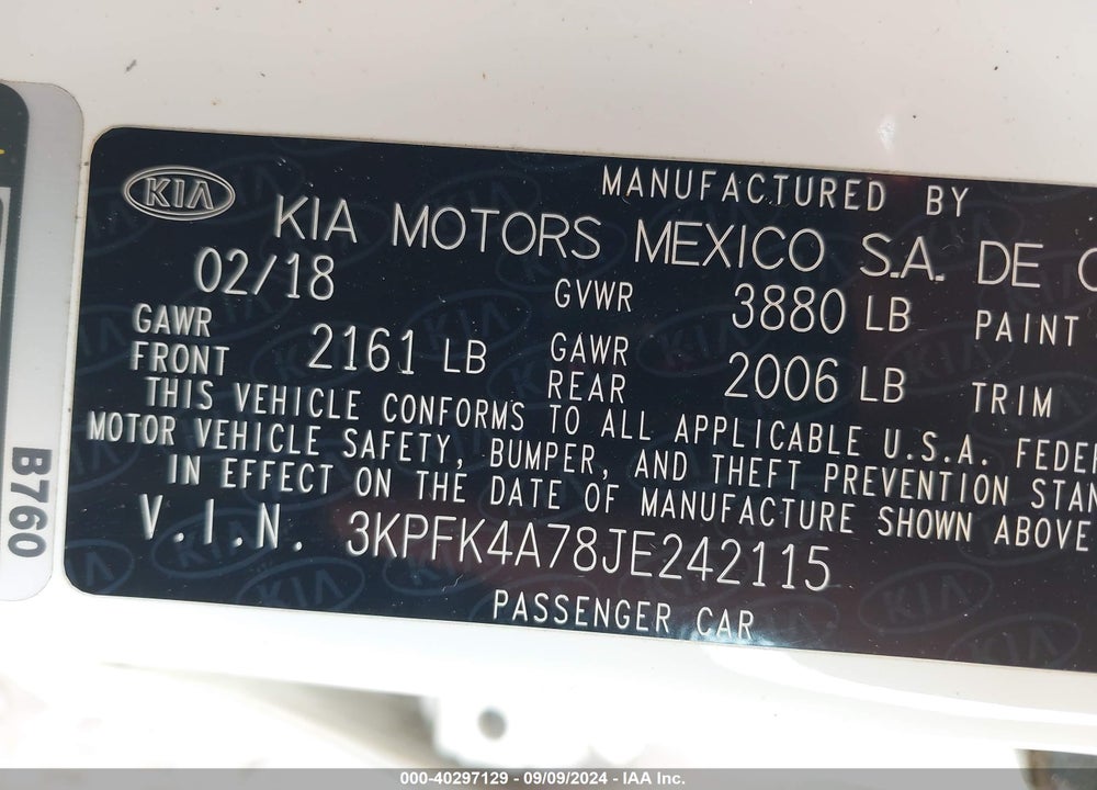 2018 KIA FORTE LX VIN: 3KPFK4A78JE242115