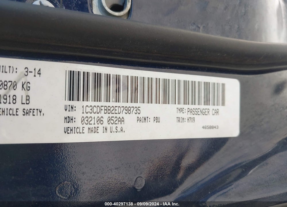 2014 DODGE DART SXT VIN: 1C3CDFBB2ED798735