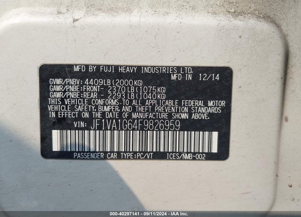 2015 SUBARU WRX LIMITED VIN: JF1VA1G64F9826959