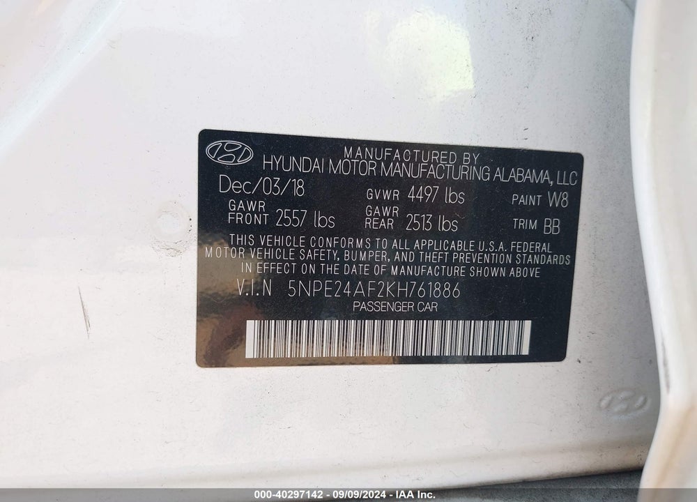 2019 HYUNDAI SONATA SE VIN: 5NPE24AF2KH761886