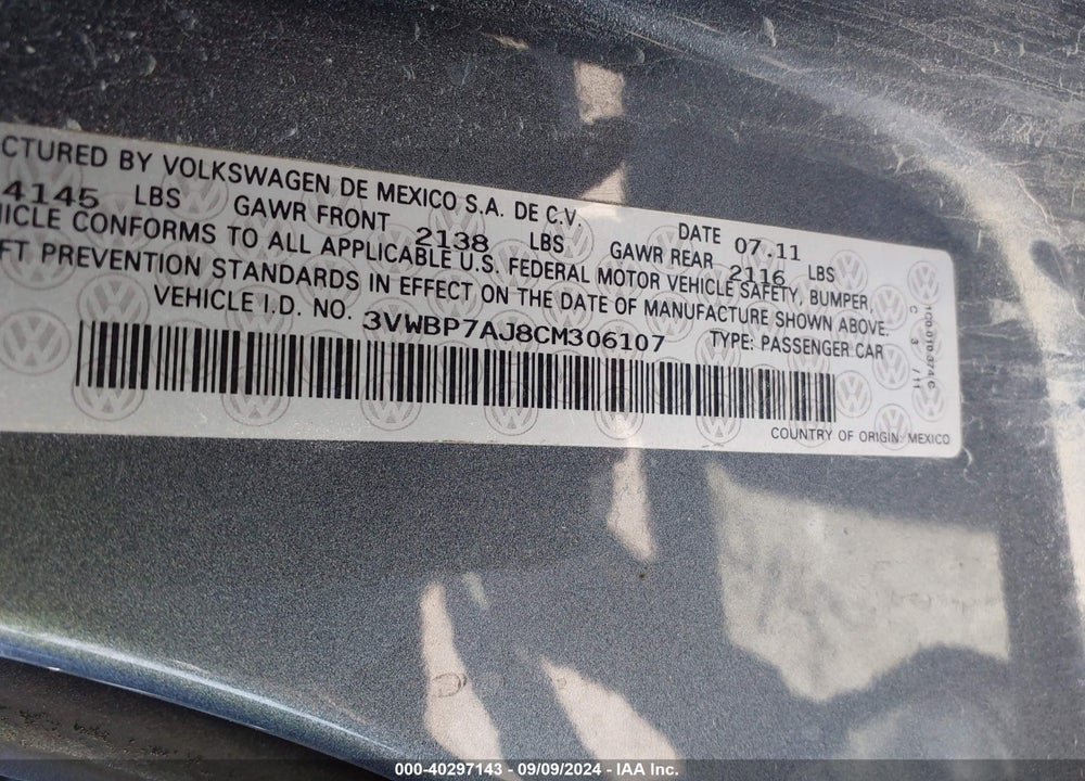 2012 VOLKSWAGEN JETTA 2.5L SE VIN: 3VWBP7AJ8CM306107