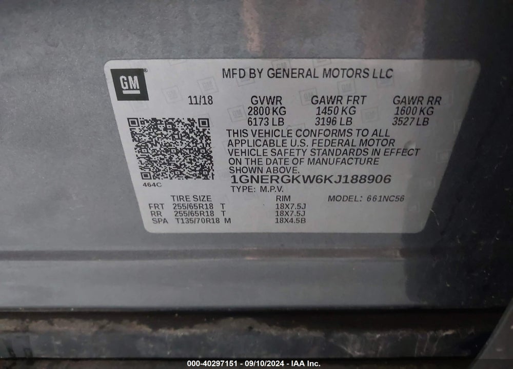 2019 CHEVROLET TRAVERSE 1LT VIN: 1GNERGKW6KJ188906