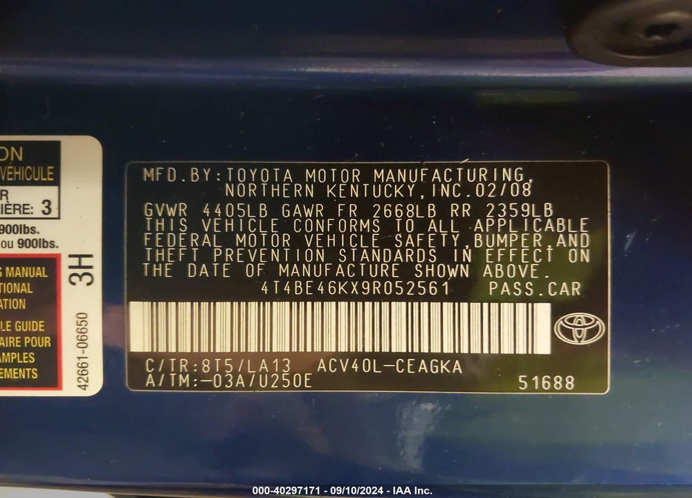 2009 TOYOTA CAMRY XLE VIN: 4T4BE46KX9R052561