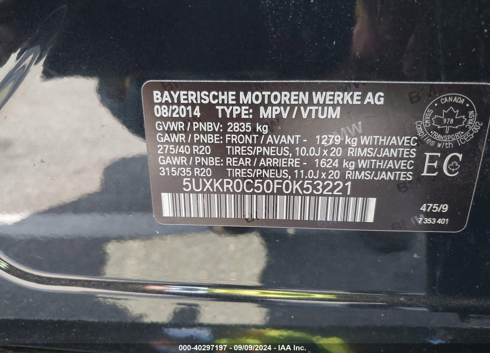 2015 BMW X5 XDRIVE35I VIN: 5UXKR0C50F0K53221