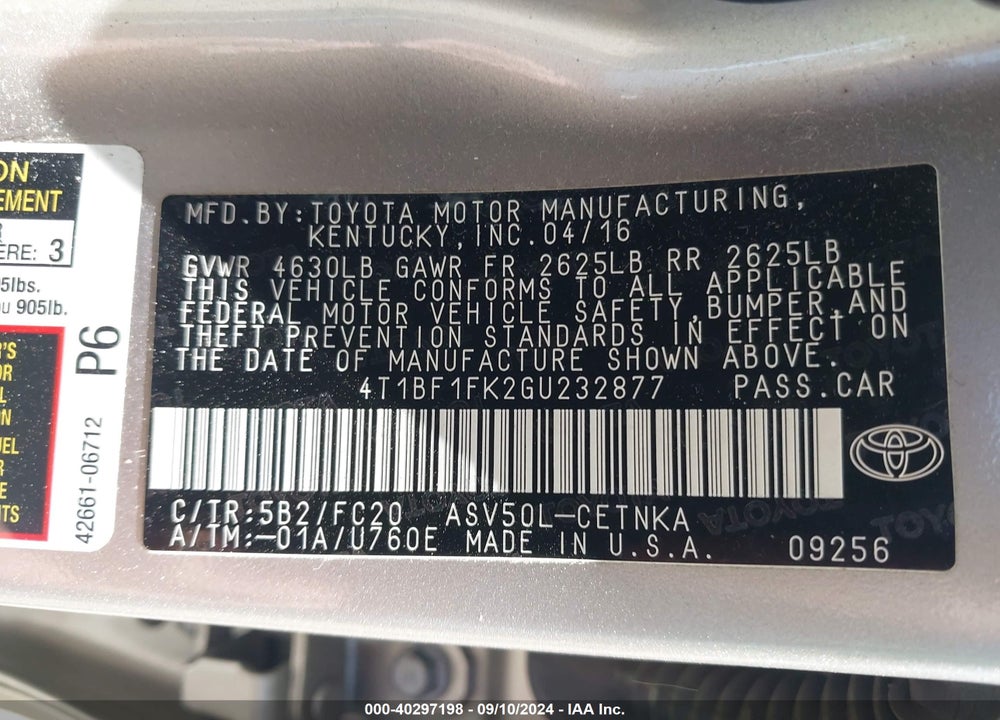 2016 TOYOTA CAMRY LE VIN: 4T1BF1FK2GU232877