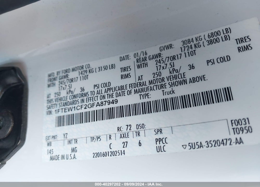 2016 FORD F-150 XLT VIN: 1FTEW1CF2GFA87949