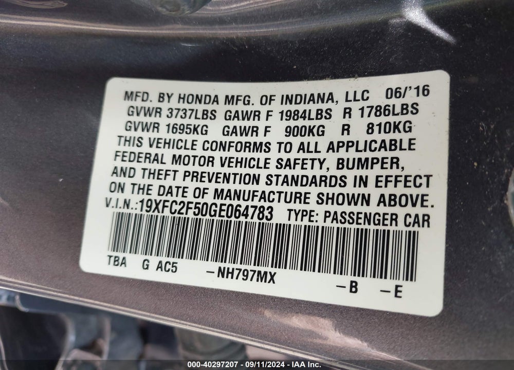 2016 HONDA CIVIC LX VIN: 19XFC2F50GE064783