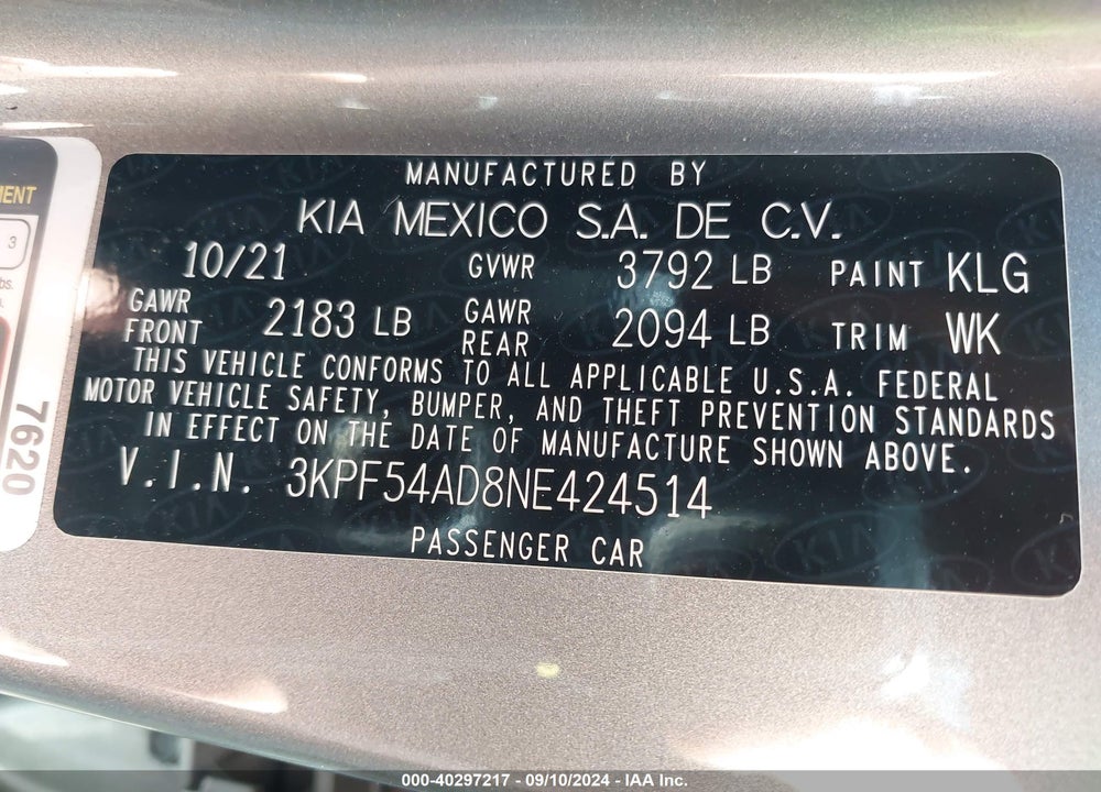 2022 KIA FORTE GT LINE VIN: 3KPF54AD8NE424514