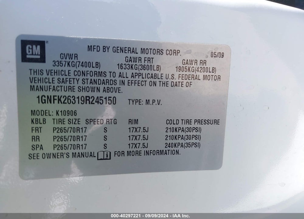 2009 CHEVROLET SUBURBAN 1500 LT2 VIN: 1GNFK26319R245150