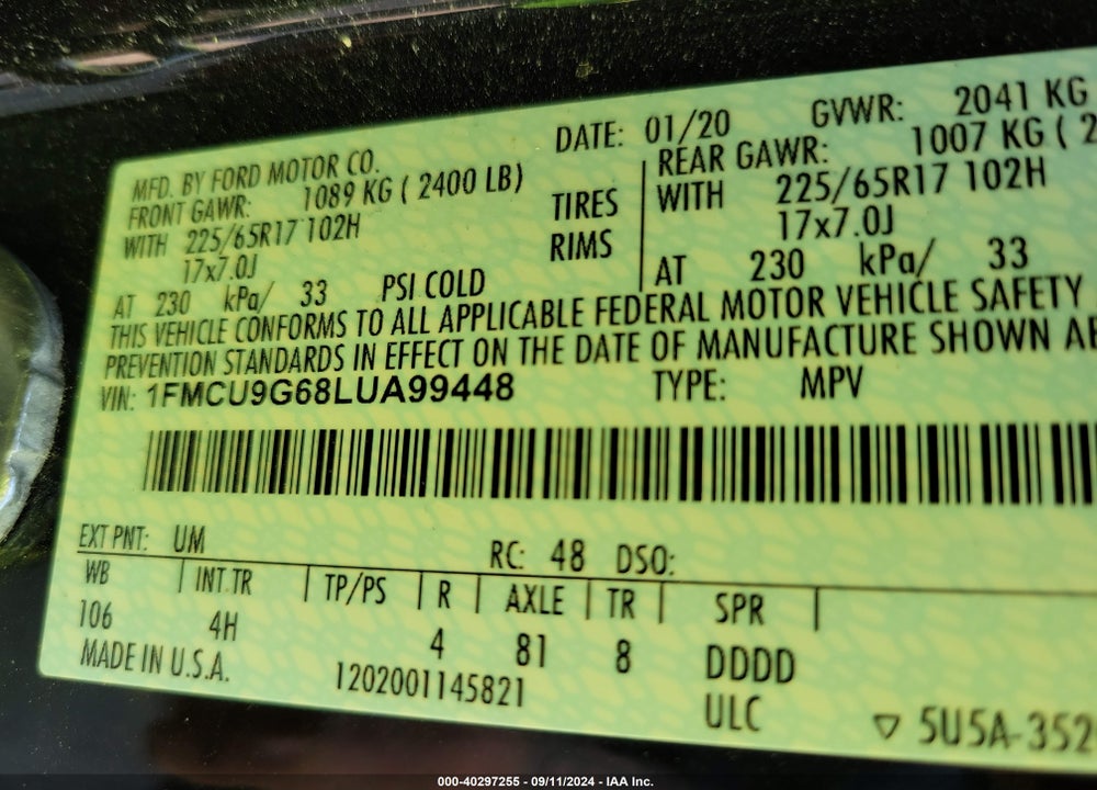 2020 FORD ESCAPE SE VIN: 1FMCU9G68LUA99448