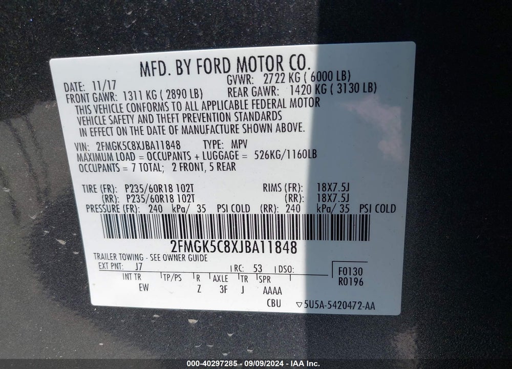 2018 FORD FLEX SEL VIN: 2FMGK5C8XJBA11848