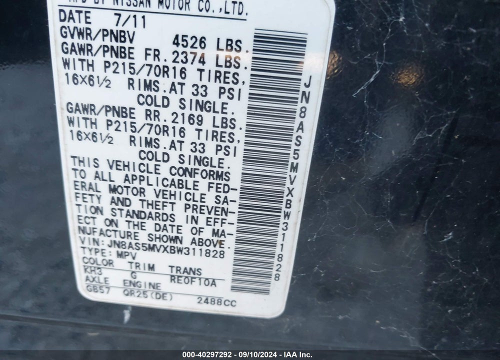 2011 NISSAN ROGUE S VIN: JN8AS5MVXBW311828