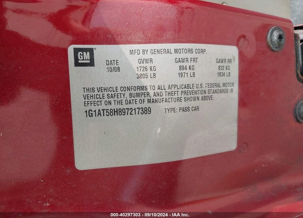 2009 CHEVROLET COBALT LT VIN: 1G1AT58H897217389