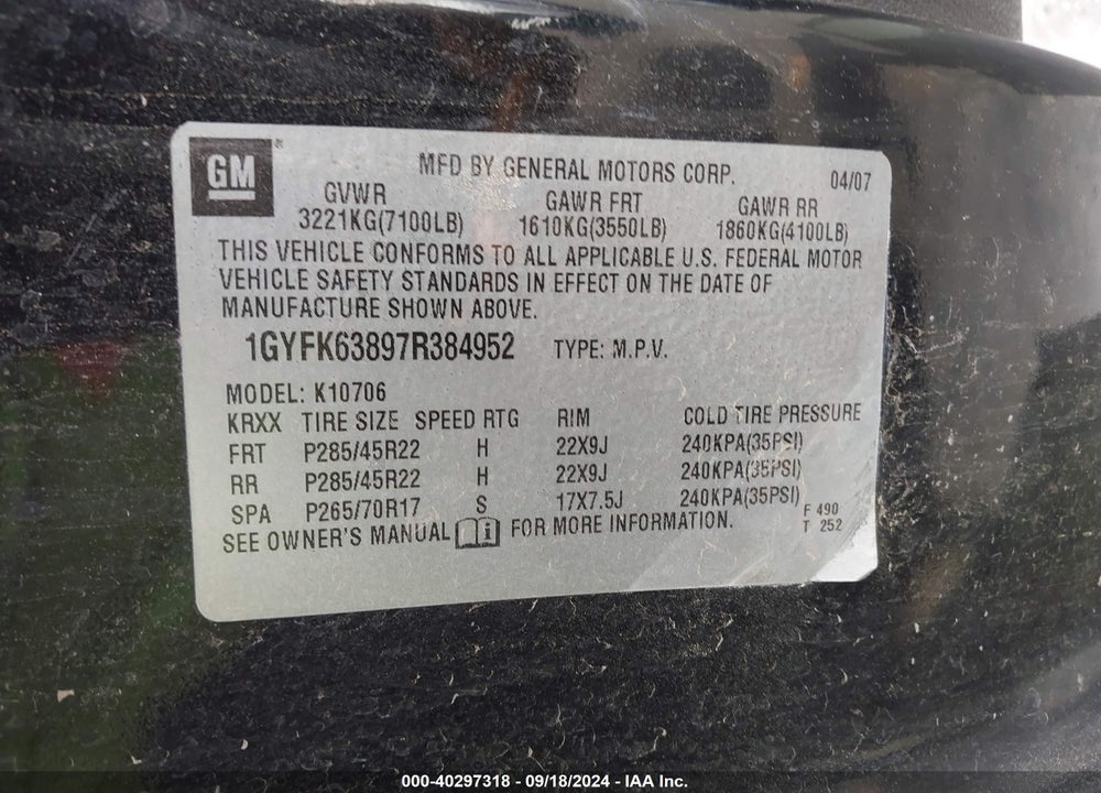 2007 CADILLAC ESCALADE STANDARD VIN: 1GYFK63897R384952