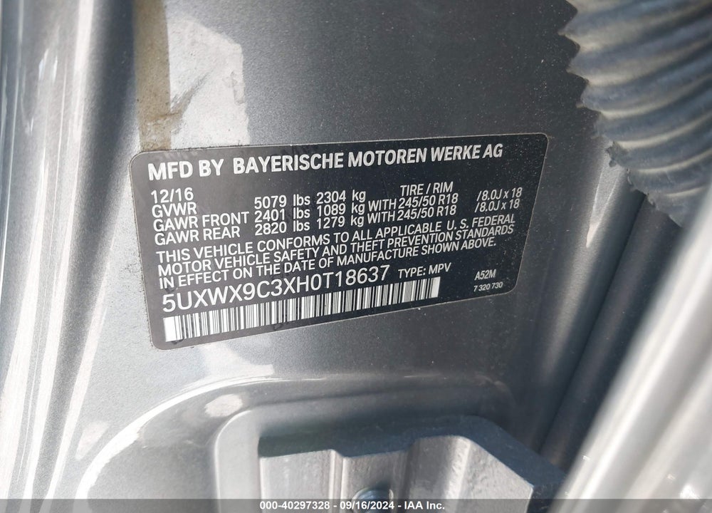2017 BMW X3 XDRIVE28I VIN: 5UXWX9C3XH0T18637