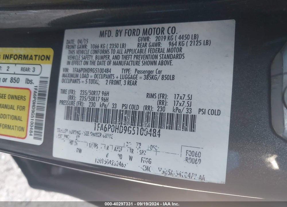 2016 FORD FUSION SE VIN: 1FA6P0HD9G5100484