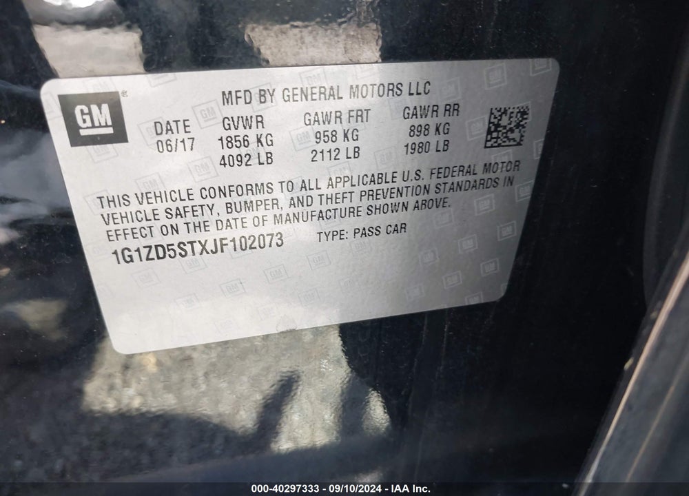 2018 CHEVROLET MALIBU LT VIN: 1G1ZD5STXJF102073