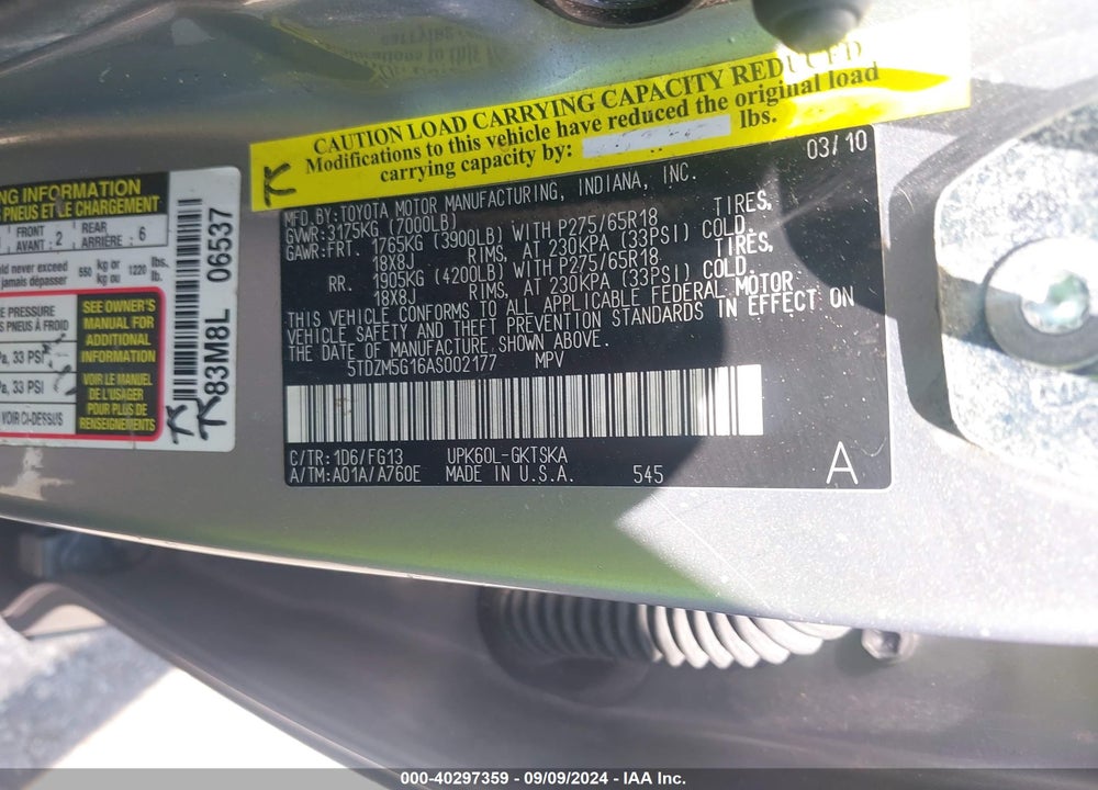 2010 TOYOTA SEQUOIA SR5 4.6L V8 VIN: 5TDZM5G16AS002177