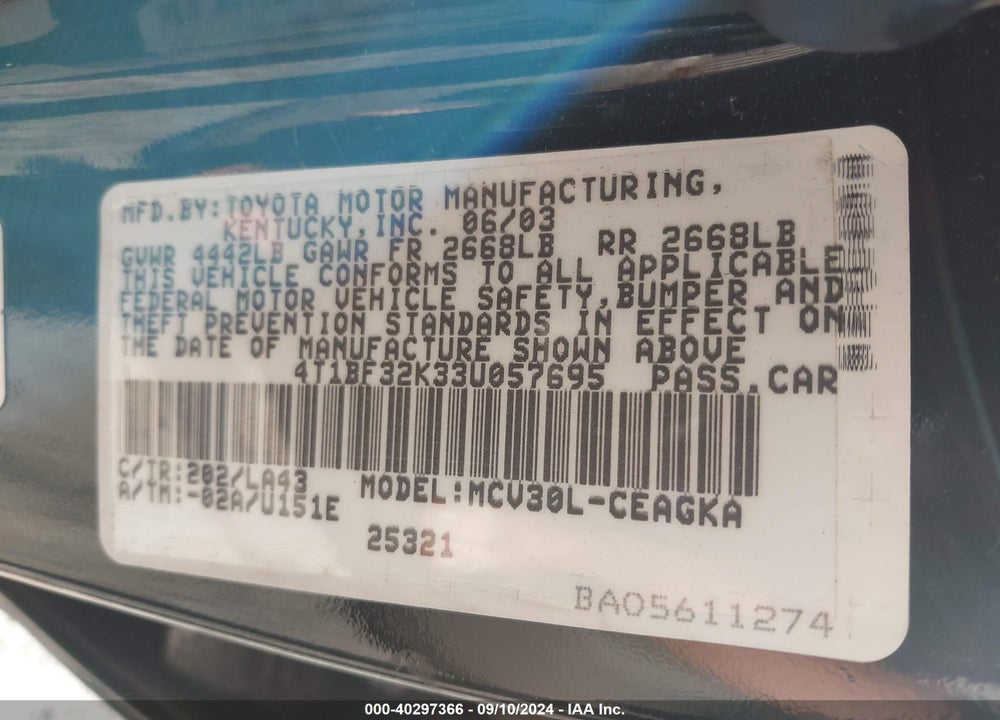2003 TOYOTA CAMRY XLE V6 VIN: 4T1BF32K33U057695