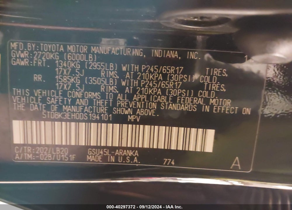 2013 TOYOTA HIGHLANDER SE V6 VIN: 5TDBK3EH0DS194101