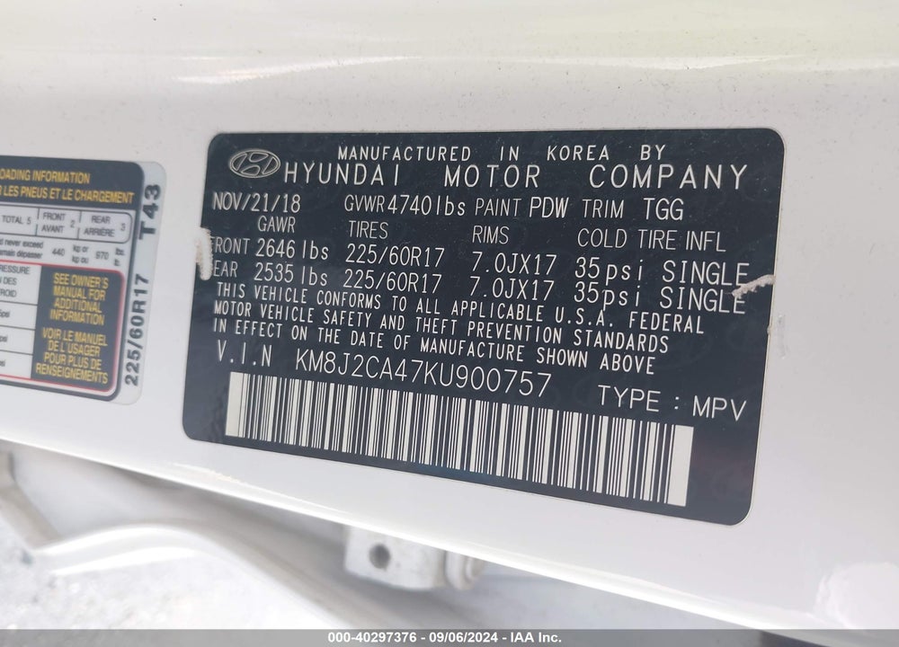 2019 HYUNDAI TUCSON SE VIN: KM8J2CA47KU900757