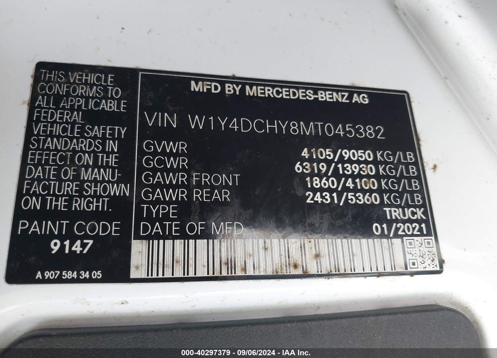 2021 MERCEDES-BENZ SPRINTER 2500 HIGH ROOF I4 DIESEL VIN: W1Y4DCHY8MT045382