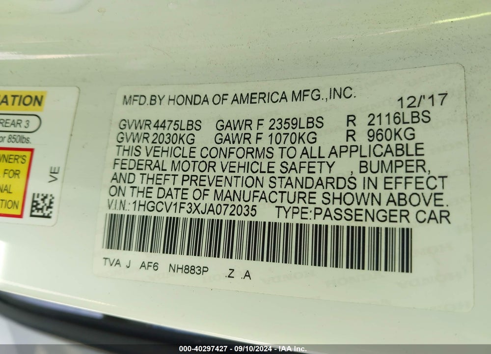 2018 HONDA ACCORD SPORT VIN: 1HGCV1F3XJA072035