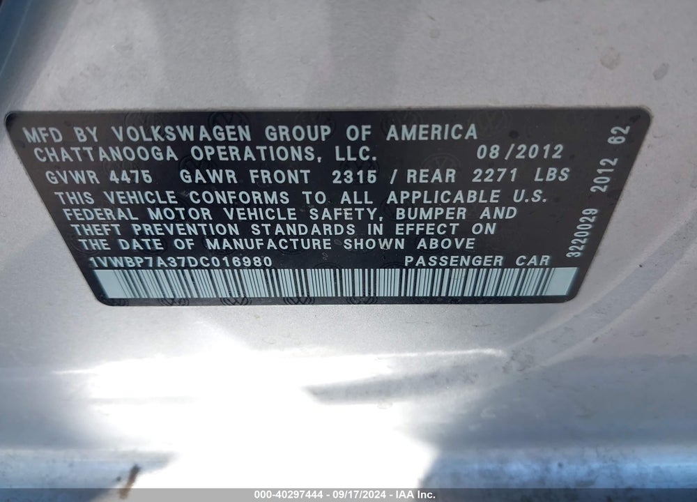 2013 VOLKSWAGEN PASSAT 2.5L SE VIN: 1VWBP7A37DC016980