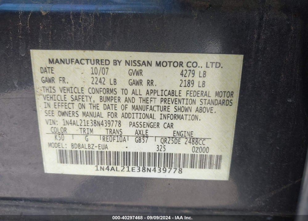 2008 NISSAN ALTIMA 2.5 S VIN: 1N4AL21E38N439778