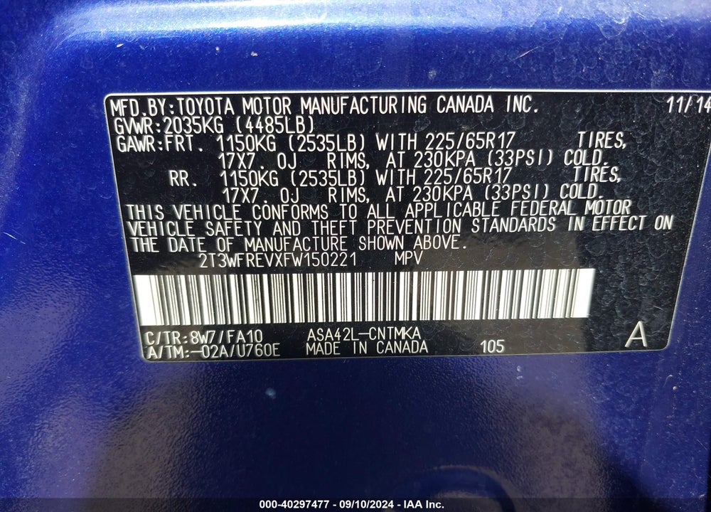 2015 TOYOTA RAV4 XLE VIN: 2T3WFREVXFW150221