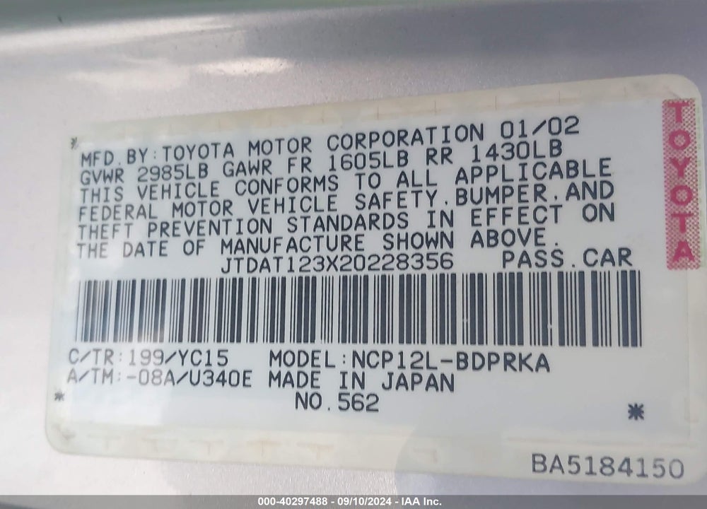 2002 TOYOTA ECHO VIN: JTDAT123X20228356